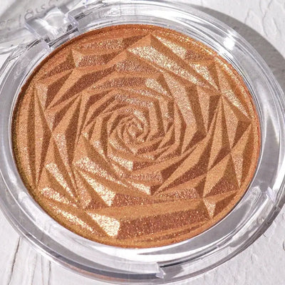 Frost Glow Cosmetics Diamond Glow highlighter showcased on skin and model, featuring shimmering rose-patterned design.