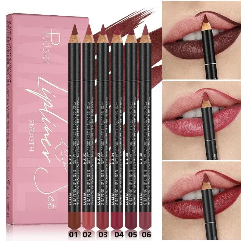 Frost Glow Cosmetics 6pcs matte lip liner set. Waterproof, durable & easy to color. Long-lasting lip contour pencils for all skin types.