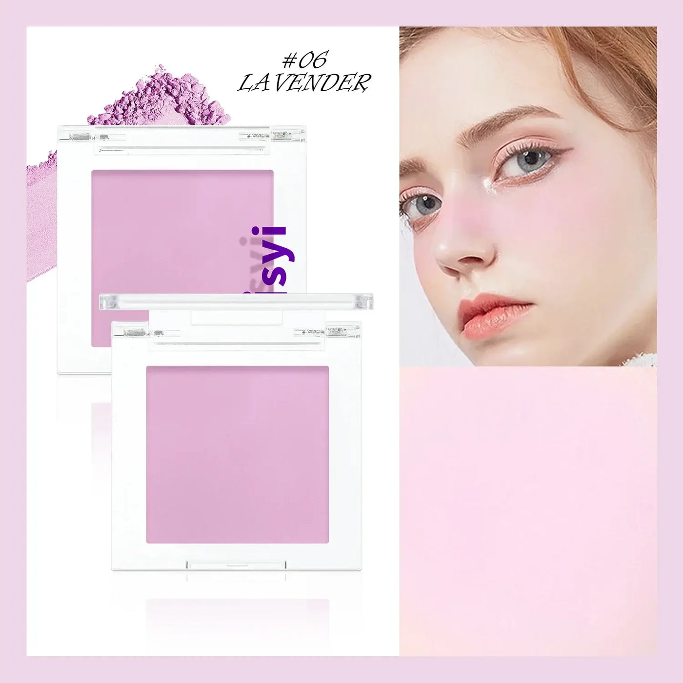 Frost Glow Cosmetics brightening blush in pink tone with applicator and swatch, ideal for a youthful glow.