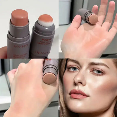 Frost Glow Cosmetics Blush Stick with creamy color swatch on hand and model showcasing a radiant blush application.