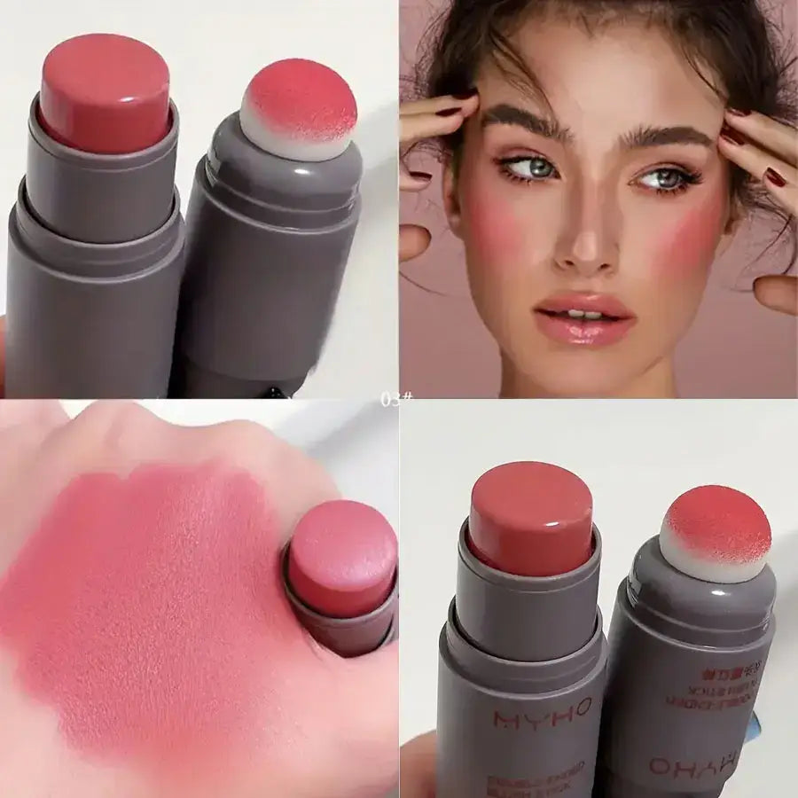 Frost Glow Cosmetics Blush Stick with creamy color swatch on hand and model showcasing a radiant blush application.