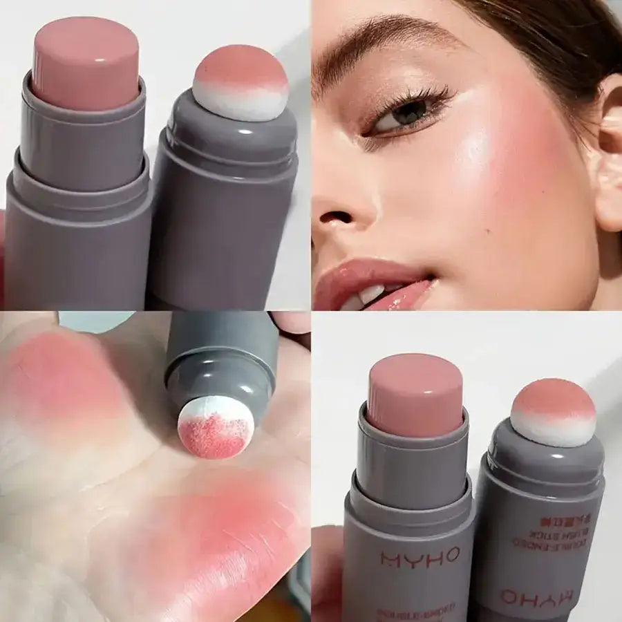 Frost Glow Cosmetics Blush Stick with creamy color swatch on hand and model showcasing a radiant blush application.