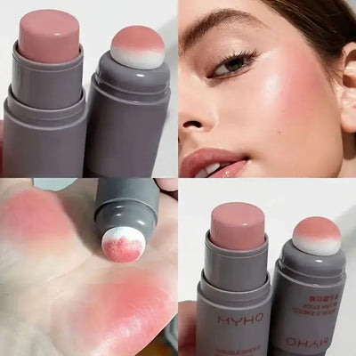 Frost Glow Cosmetics Blush Stick with creamy color swatch on hand and model showcasing a radiant blush application.