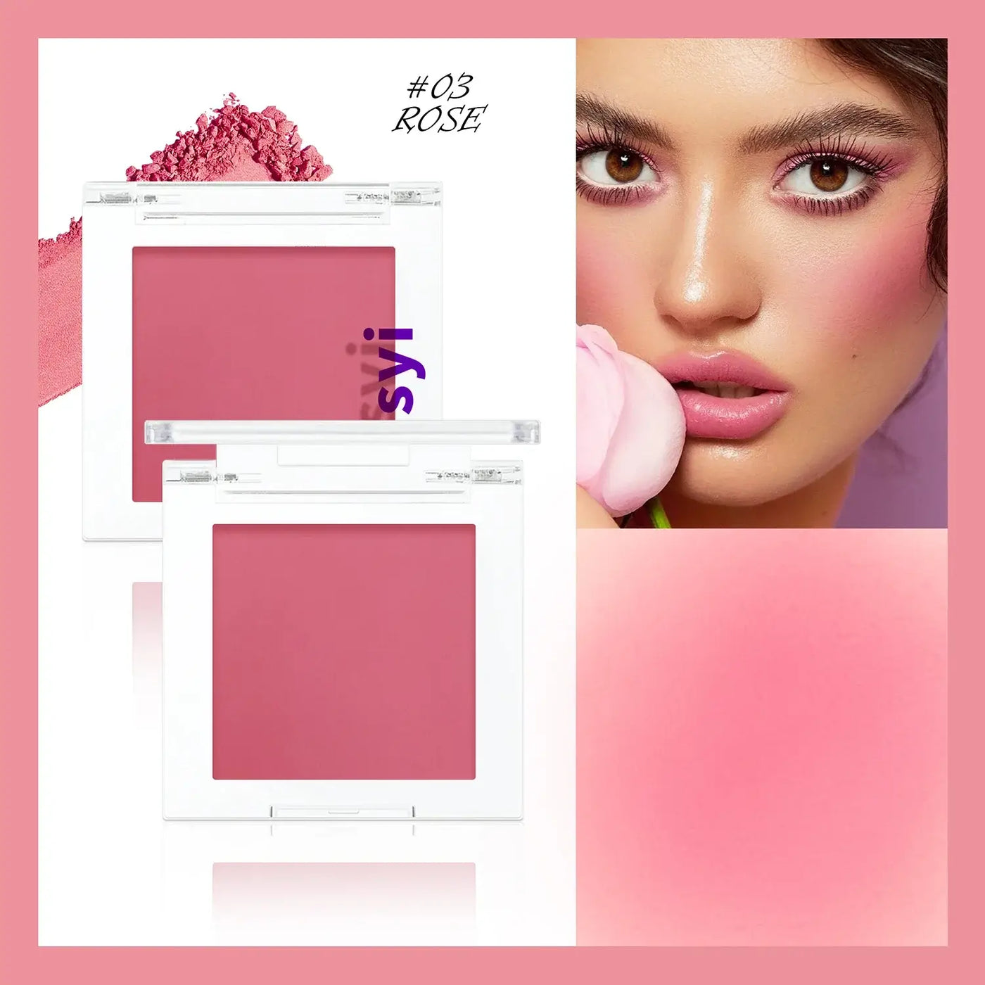 Frost Glow Cosmetics brightening blush in pink tone with applicator and swatch, ideal for a youthful glow.