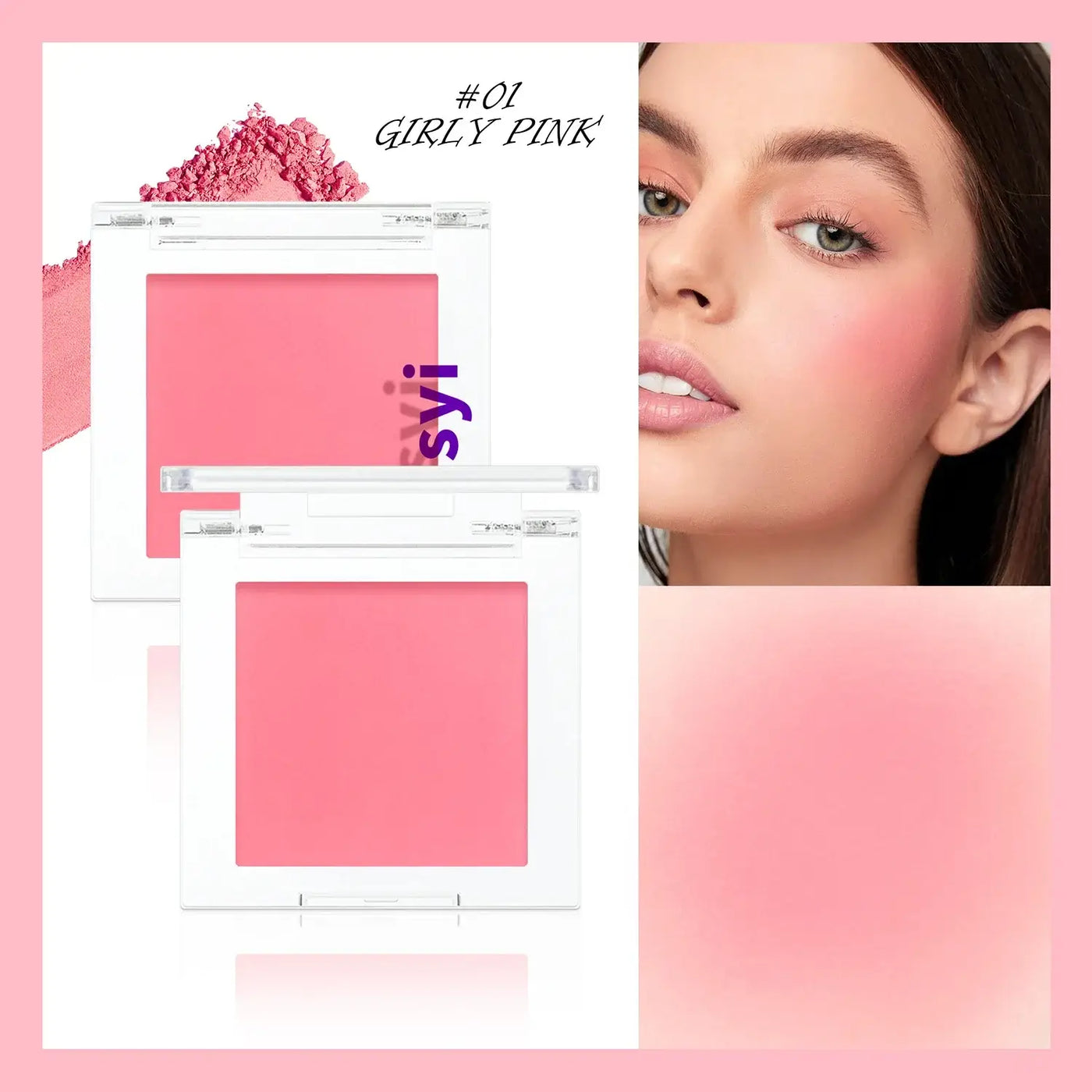 Frost Glow Cosmetics brightening blush in pink tone with applicator and swatch, ideal for a youthful glow.