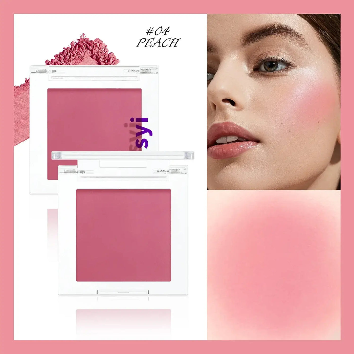 Frost Glow Cosmetics brightening blush in pink tone with applicator and swatch, ideal for a youthful glow.