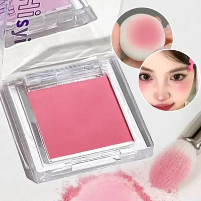 Frost Glow Cosmetics brightening blush in pink tone with applicator and swatch, ideal for a youthful glow.