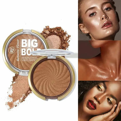 Frost Glow Cosmetics Pressed Powder with bronzer and highlighter showcased with models demonstrating a radiant glow.