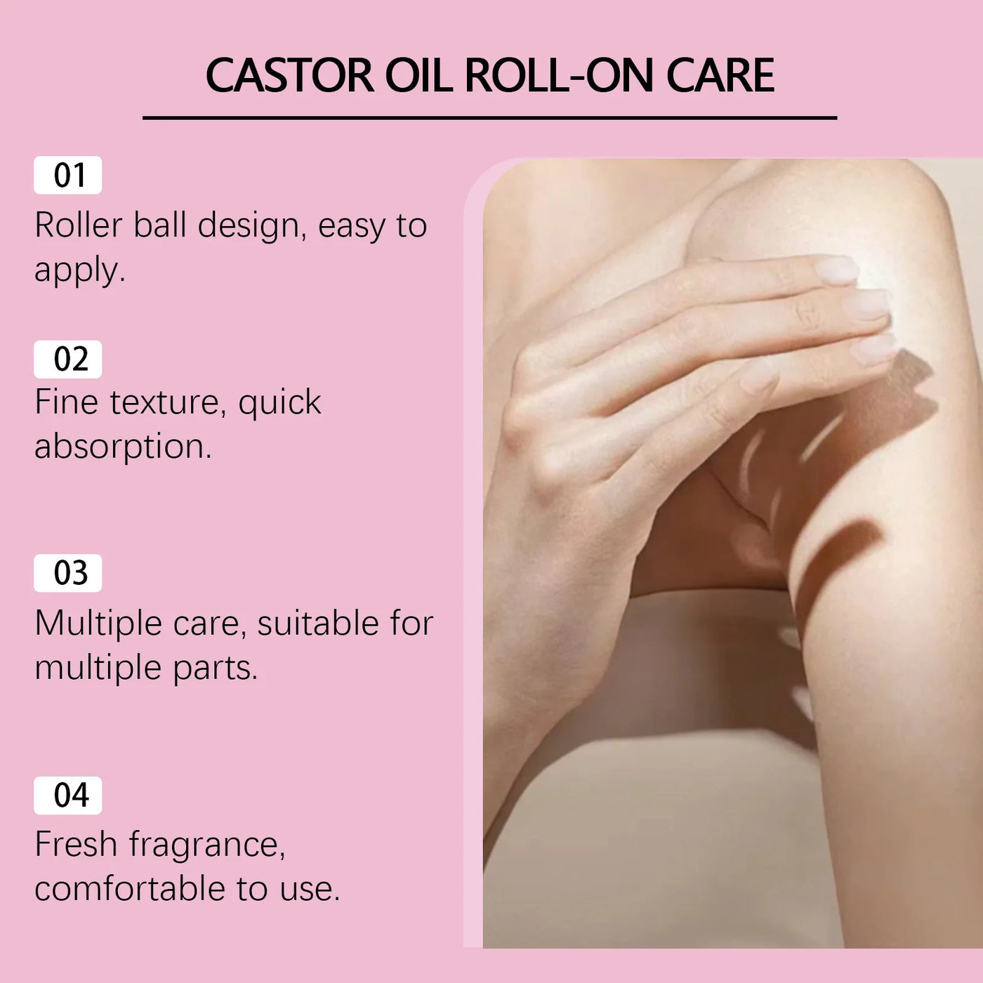 Nourishing body massage oil roll-on with castor oil. Moisturizes, repairs dryness & lightens fine lines for smooth, radiant skin.