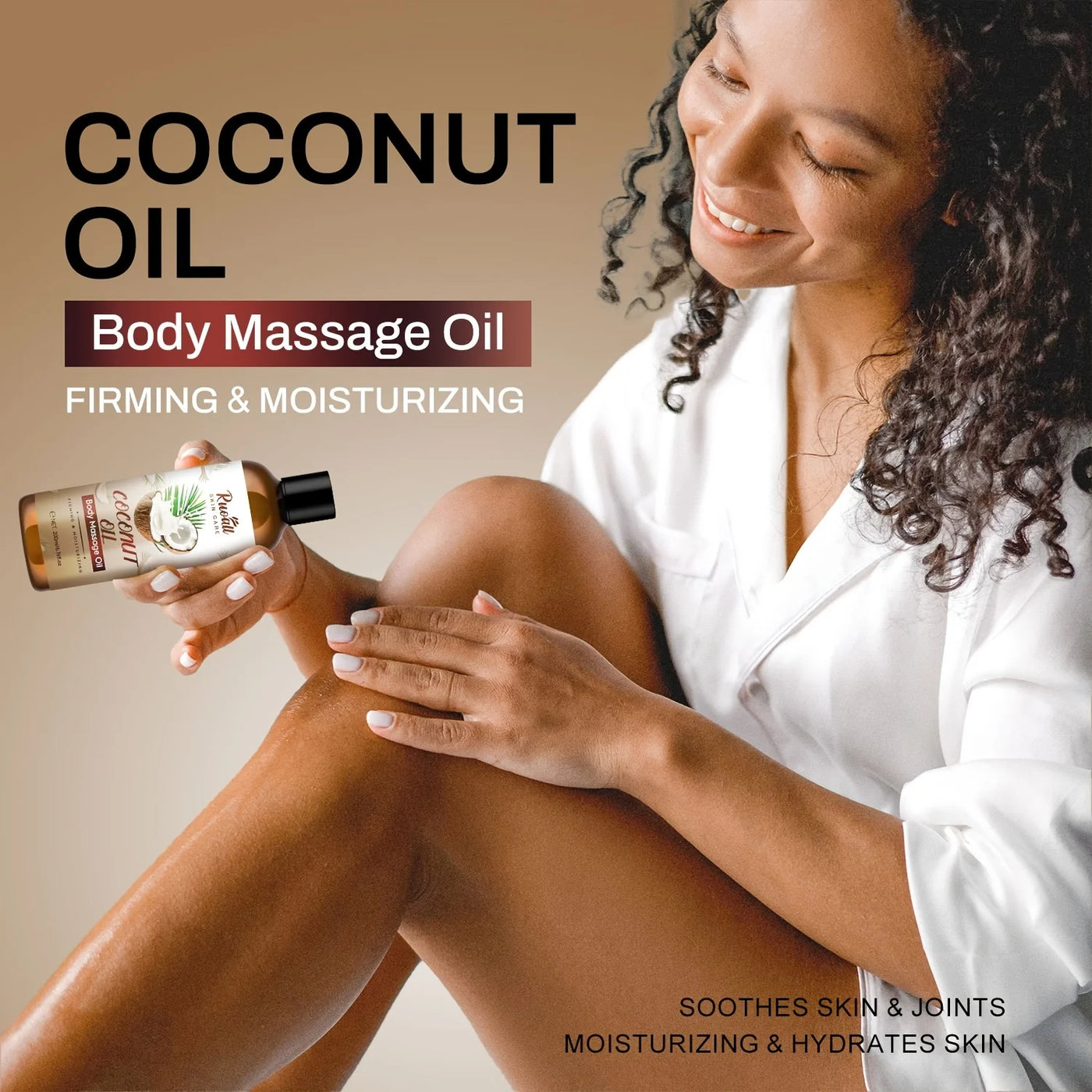 Rich coconut massage oil with lasting fragrance. Nourishes, hydrates & relaxes the body while enhancing skincare naturally.