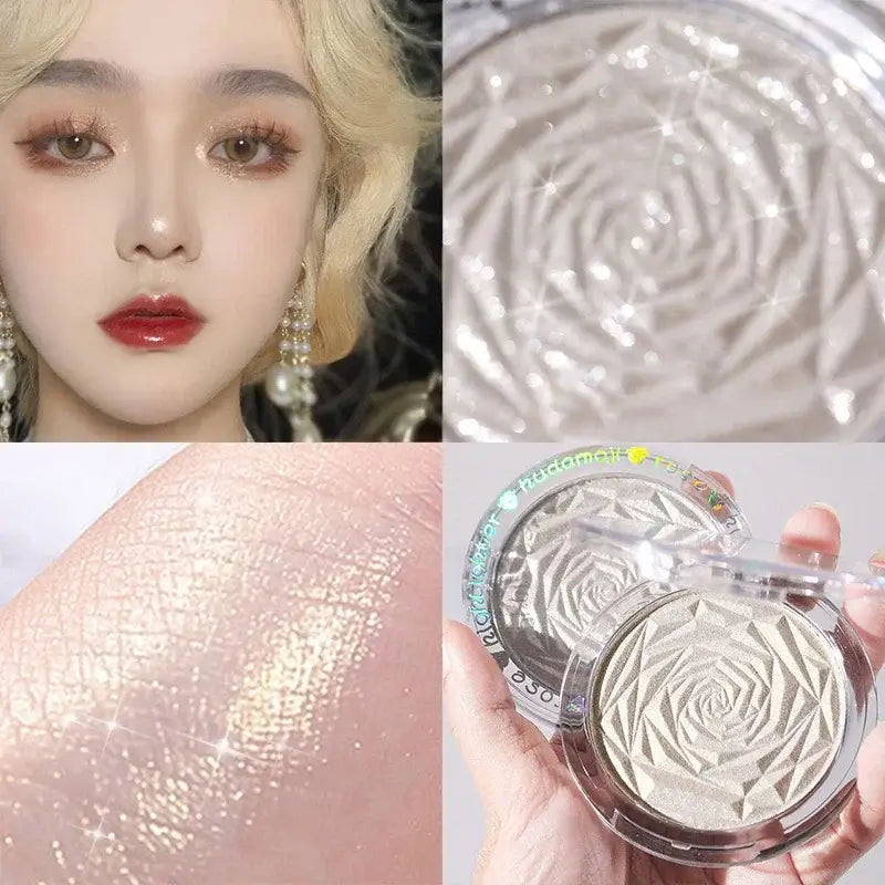Frost Glow Cosmetics Diamond Glow highlighter showcased on skin and model, featuring shimmering rose-patterned design.