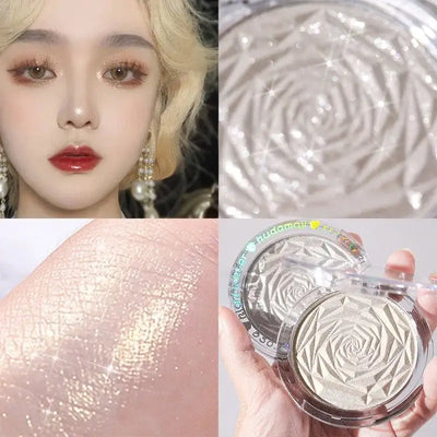 Frost Glow Cosmetics Diamond Glow highlighter showcased on skin and model, featuring shimmering rose-patterned design.