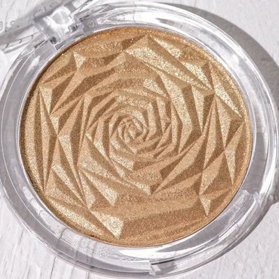 Frost Glow Cosmetics Diamond Glow highlighter showcased on skin and model, featuring shimmering rose-patterned design.
