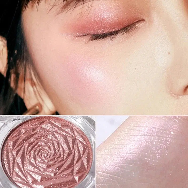 Frost Glow Cosmetics Diamond Glow highlighter showcased on skin and model, featuring shimmering rose-patterned design.