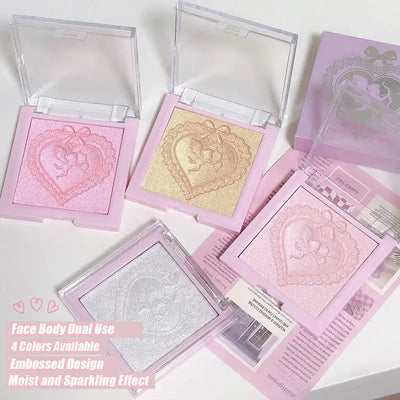 Frost Glow Cosmetics Diamond Shimmer Highlighter shades with swatches and model, showcasing radiant glow and shimmering effect.