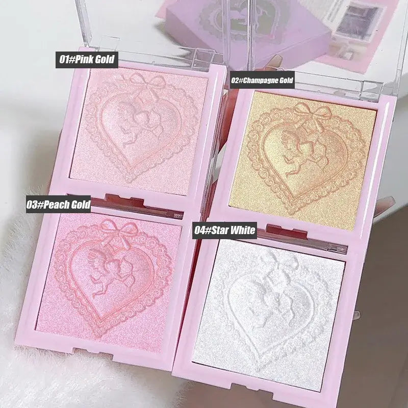 Frost Glow Cosmetics Diamond Shimmer Highlighter shades with swatches and model, showcasing radiant glow and shimmering effect.