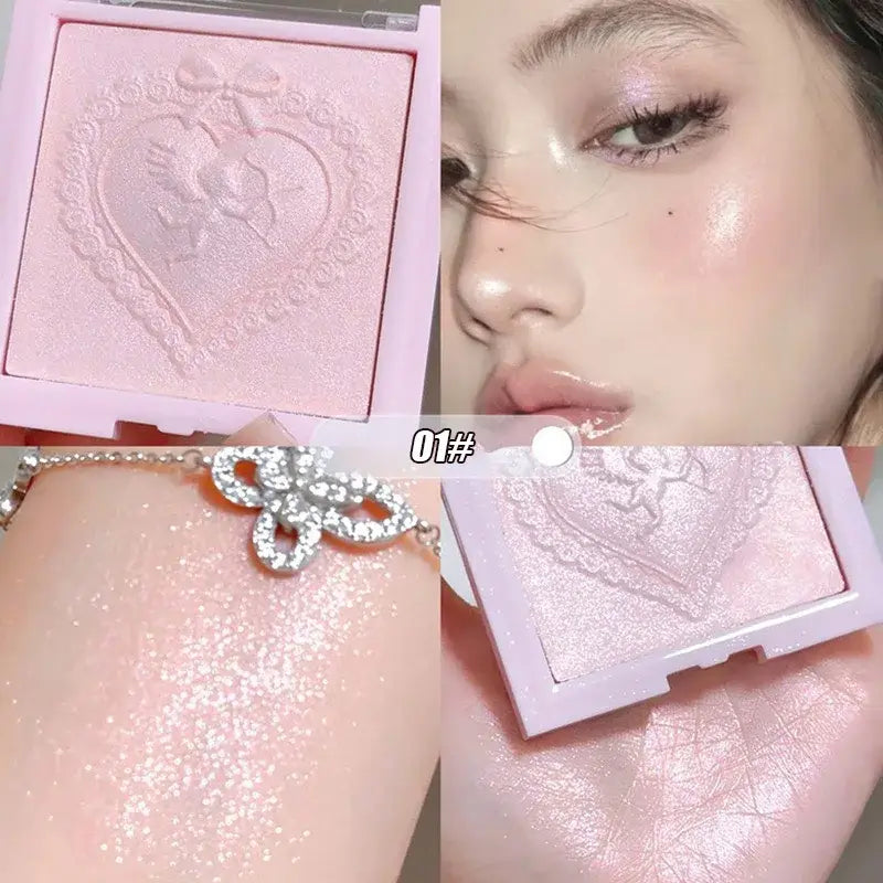 Frost Glow Cosmetics Diamond Shimmer Highlighter shades with swatches and model, showcasing radiant glow and shimmering effect.