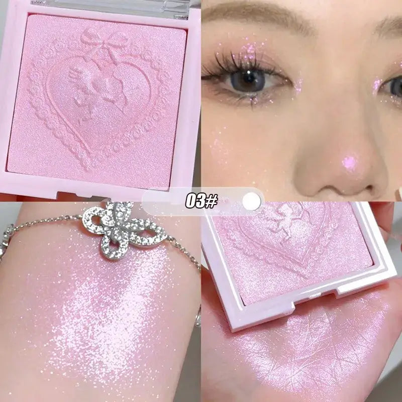 Frost Glow Cosmetics Diamond Shimmer Highlighter shades with swatches and model, showcasing radiant glow and shimmering effect.