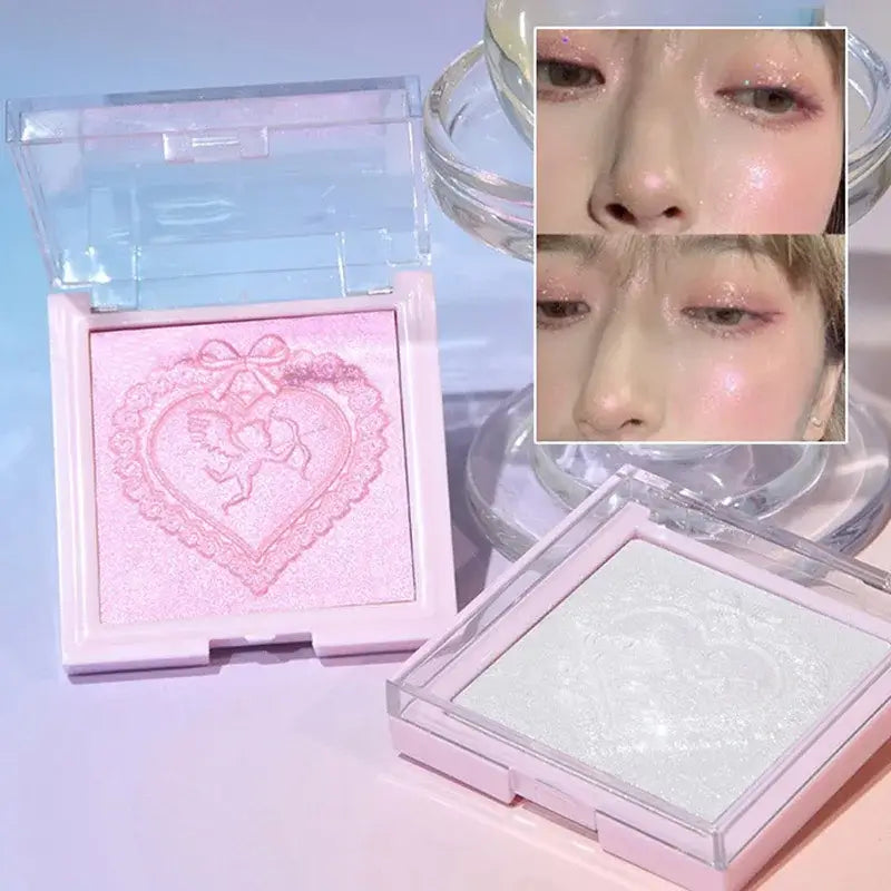 Frost Glow Cosmetics Diamond Shimmer Highlighter shades with swatches and model, showcasing radiant glow and shimmering effect.