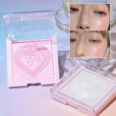 Frost Glow Cosmetics Diamond Shimmer Highlighter shades with swatches and model, showcasing radiant glow and shimmering effect.