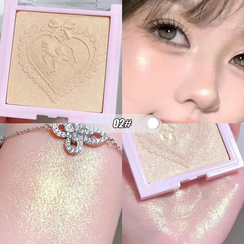Frost Glow Cosmetics Diamond Shimmer Highlighter shades with swatches and model, showcasing radiant glow and shimmering effect.