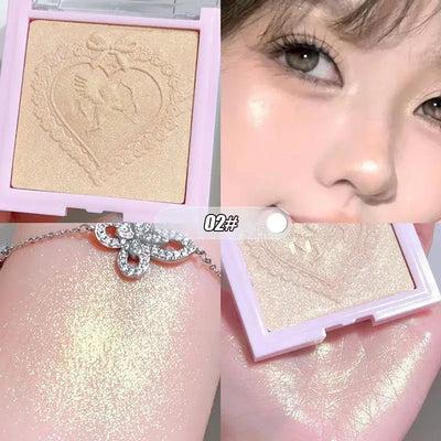 Frost Glow Cosmetics Diamond Shimmer Highlighter shades with swatches and model, showcasing radiant glow and shimmering effect.
