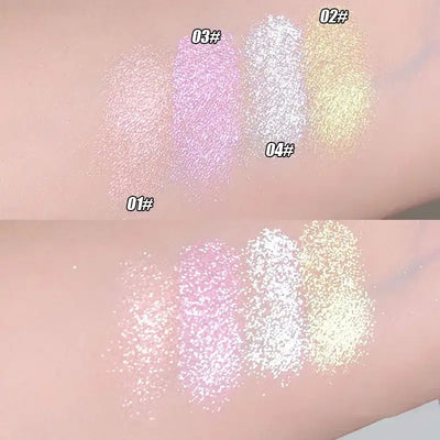 Frost Glow Cosmetics Diamond Shimmer Highlighter shades with swatches and model, showcasing radiant glow and shimmering effect.