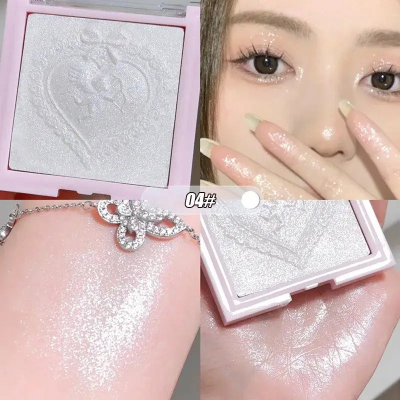 Frost Glow Cosmetics Diamond Shimmer Highlighter shades with swatches and model, showcasing radiant glow and shimmering effect.