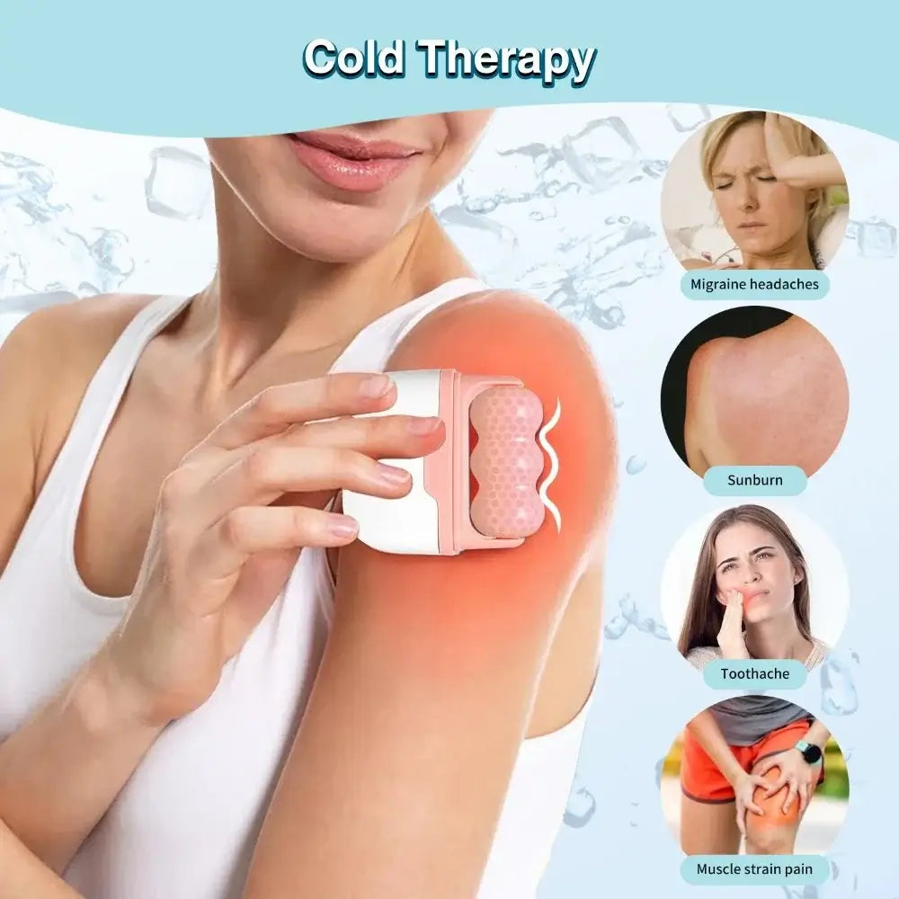 Dual-head ice roller for puffiness, migraines & skin tightening. Relieve tension & refresh your skin with Frost Glow Cosmetics beauty tools.