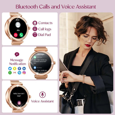 Stay stylish with Frost Glow Cosmetics Women’s Smartwatch – wireless calls, sport modes, IP68 waterproof, fitness tracker & metal strap.