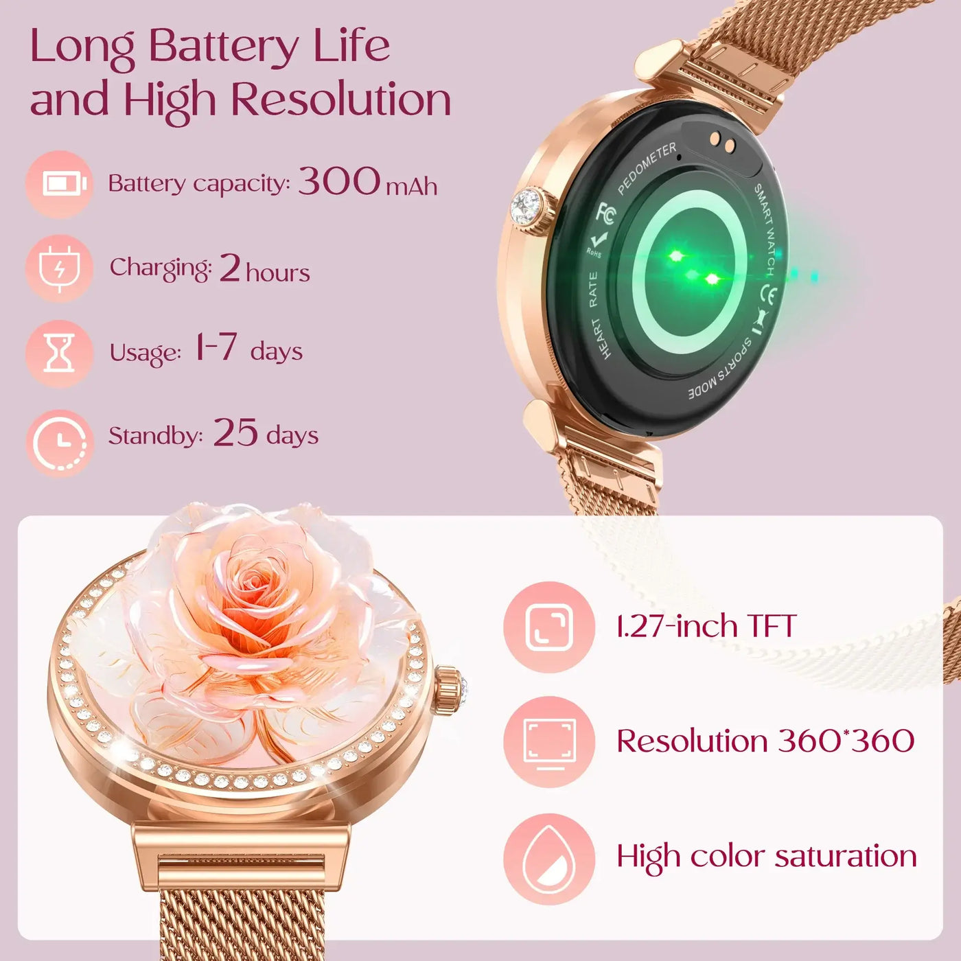 Stay stylish with Frost Glow Cosmetics Women’s Smartwatch – wireless calls, sport modes, IP68 waterproof, fitness tracker & metal strap.
