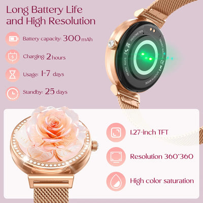 Stay stylish with Frost Glow Cosmetics Women’s Smartwatch – wireless calls, sport modes, IP68 waterproof, fitness tracker & metal strap.