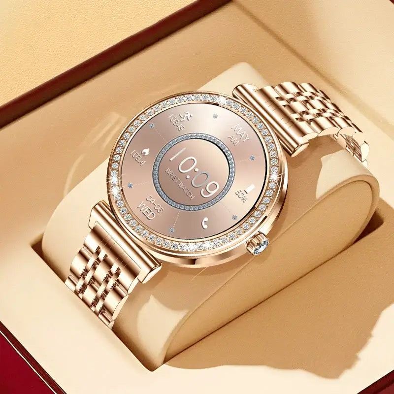 Stay stylish with Frost Glow Cosmetics Women’s Smartwatch – wireless calls, sport modes, IP68 waterproof, fitness tracker & metal strap.