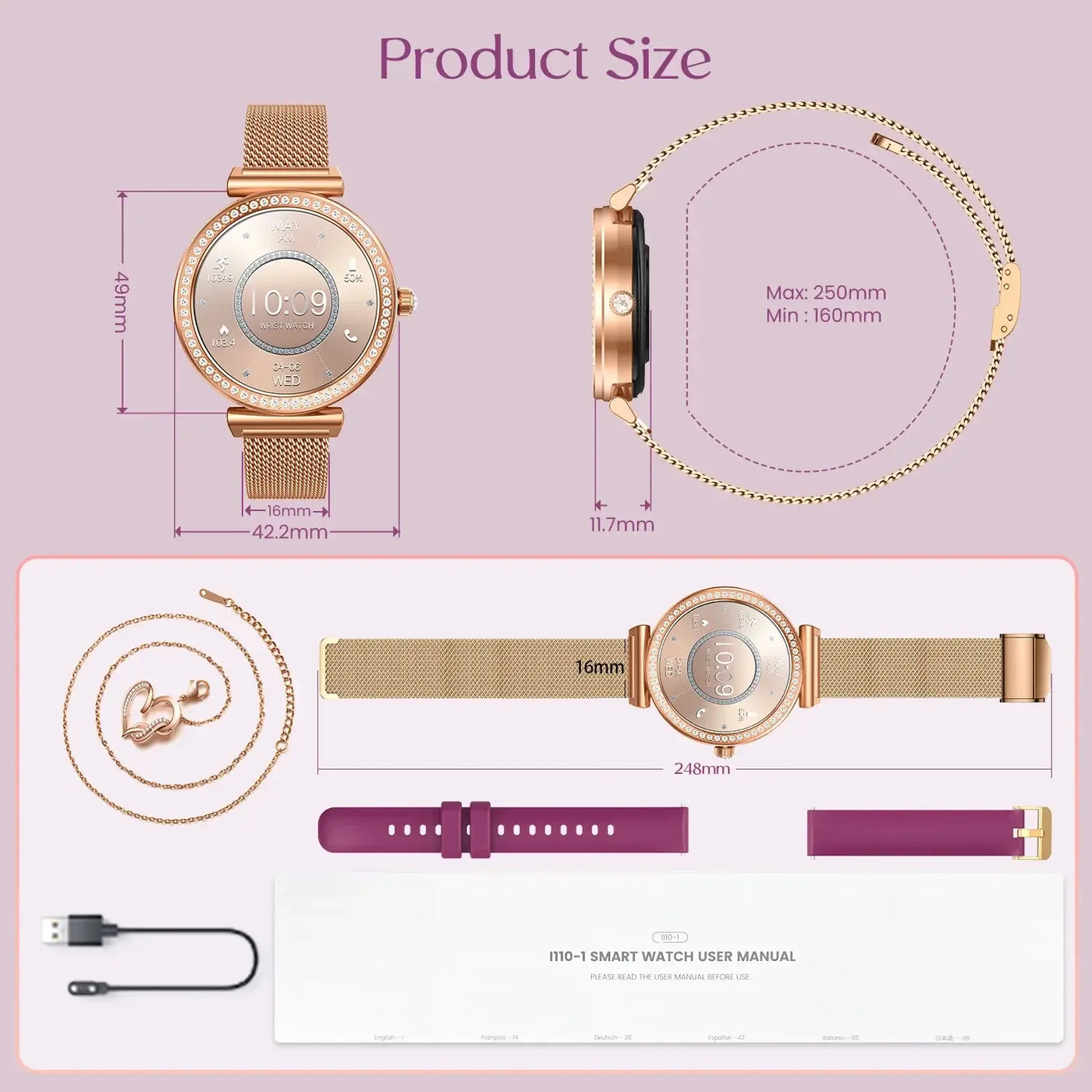 Stay stylish with Frost Glow Cosmetics Women’s Smartwatch – wireless calls, sport modes, IP68 waterproof, fitness tracker & metal strap.