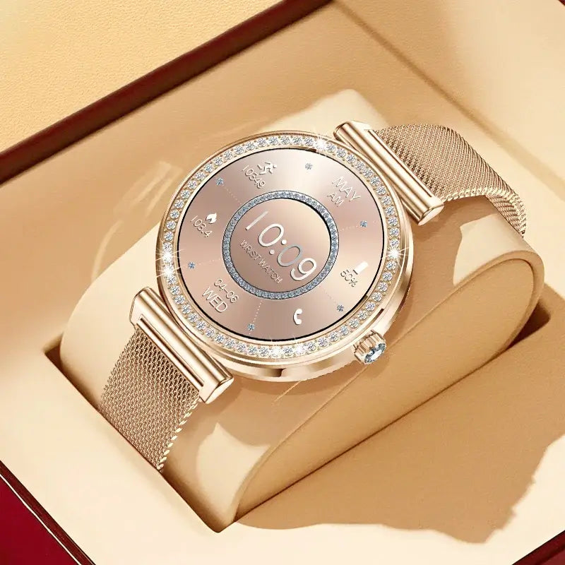 Stay stylish with Frost Glow Cosmetics Women’s Smartwatch – wireless calls, sport modes, IP68 waterproof, fitness tracker & metal strap.