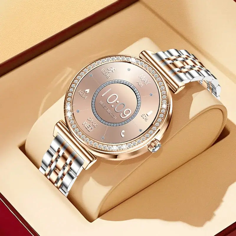 Stay stylish with Frost Glow Cosmetics Women’s Smartwatch – wireless calls, sport modes, IP68 waterproof, fitness tracker & metal strap.