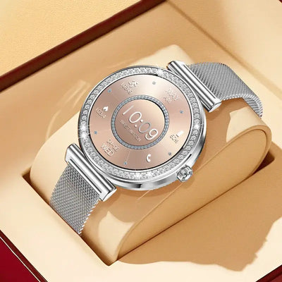 Stay stylish with Frost Glow Cosmetics Women’s Smartwatch – wireless calls, sport modes, IP68 waterproof, fitness tracker & metal strap.