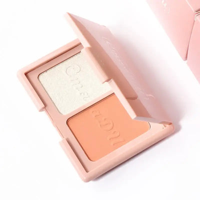 Frost Glow Cosmetics embossed highlighter on radiant skin, showcasing a shimmering finish and glowing complexion.