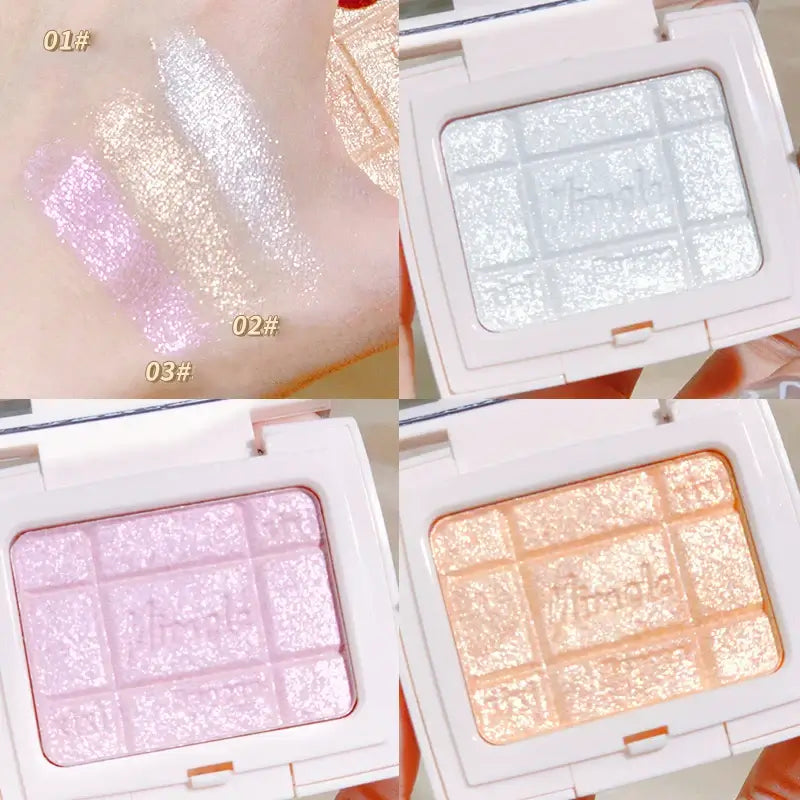 Frost Glow Cosmetics embossed highlighter on radiant skin, showcasing a shimmering finish and glowing complexion.