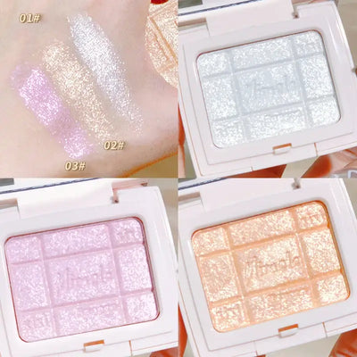 Frost Glow Cosmetics embossed highlighter on radiant skin, showcasing a shimmering finish and glowing complexion.