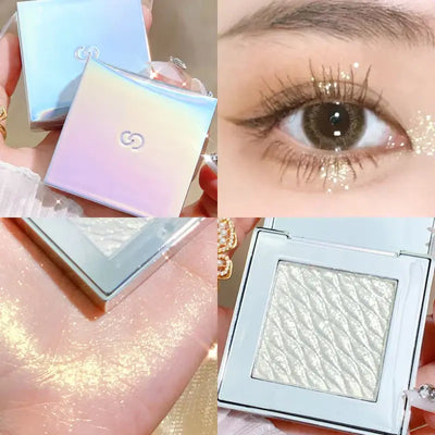 Frost Glow Cosmetics embossed highlighter on radiant skin, showcasing a shimmering finish and glowing complexion.