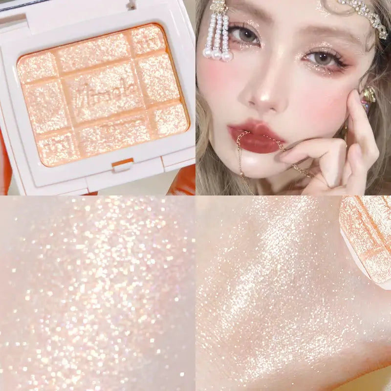 Frost Glow Cosmetics embossed highlighter on radiant skin, showcasing a shimmering finish and glowing complexion.