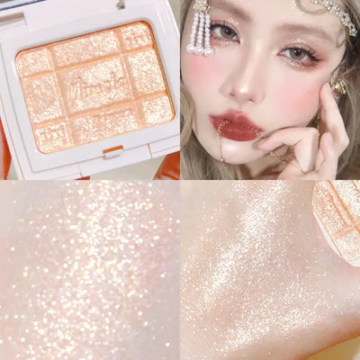 Frost Glow Cosmetics embossed highlighter on radiant skin, showcasing a shimmering finish and glowing complexion.