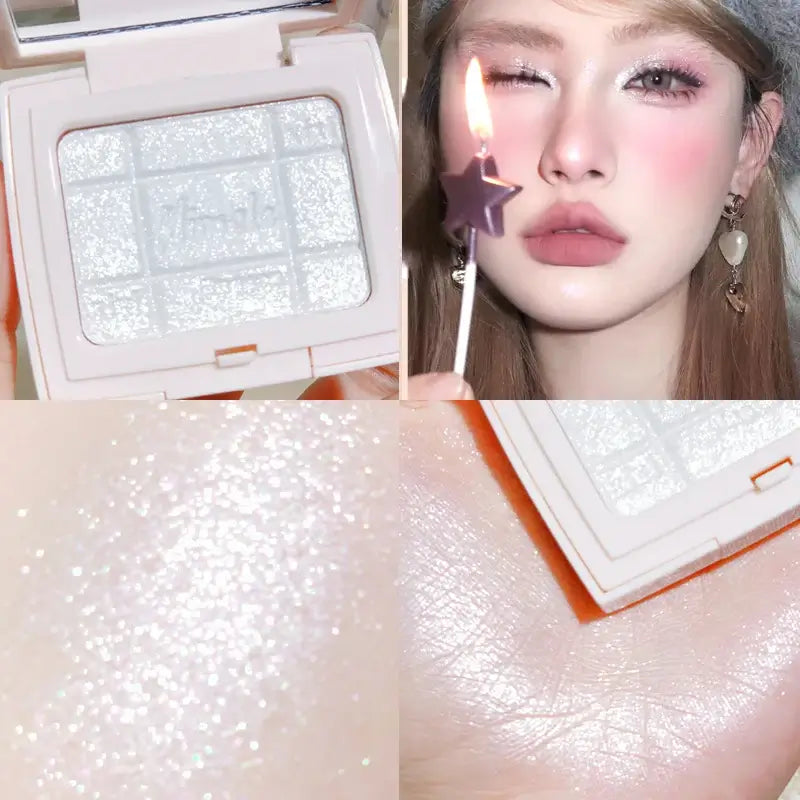 Frost Glow Cosmetics embossed highlighter on radiant skin, showcasing a shimmering finish and glowing complexion.