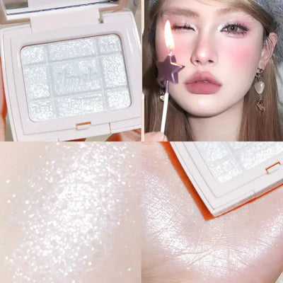 Frost Glow Cosmetics embossed highlighter on radiant skin, showcasing a shimmering finish and glowing complexion.