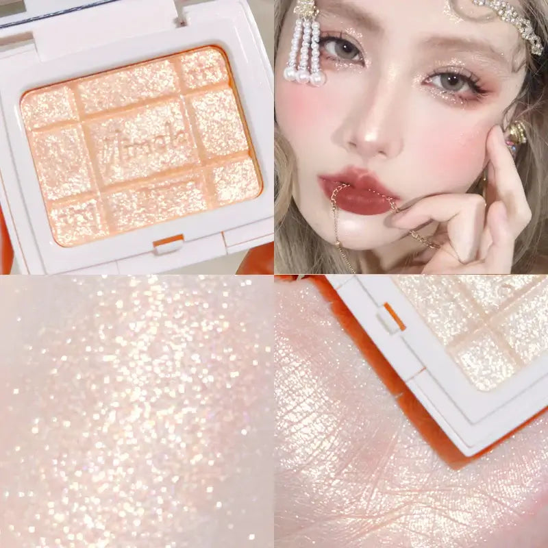Frost Glow Cosmetics embossed highlighter on radiant skin, showcasing a shimmering finish and glowing complexion.