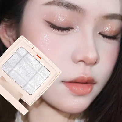 Frost Glow Cosmetics embossed highlighter on radiant skin, showcasing a shimmering finish and glowing complexion.