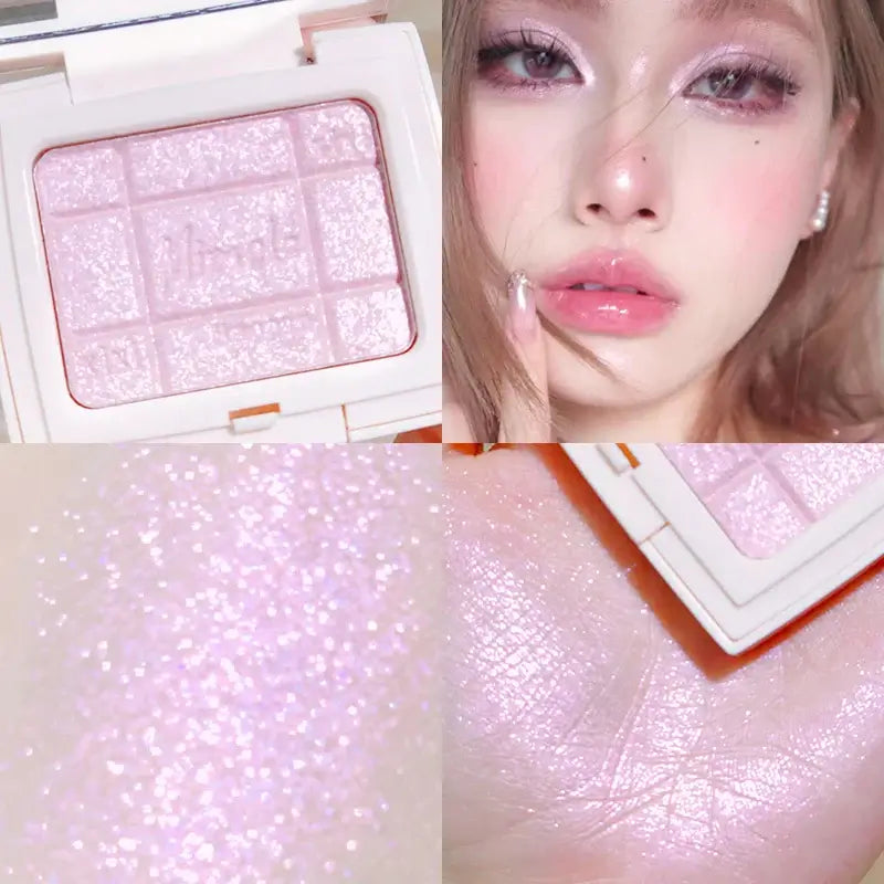 Frost Glow Cosmetics embossed highlighter on radiant skin, showcasing a shimmering finish and glowing complexion.