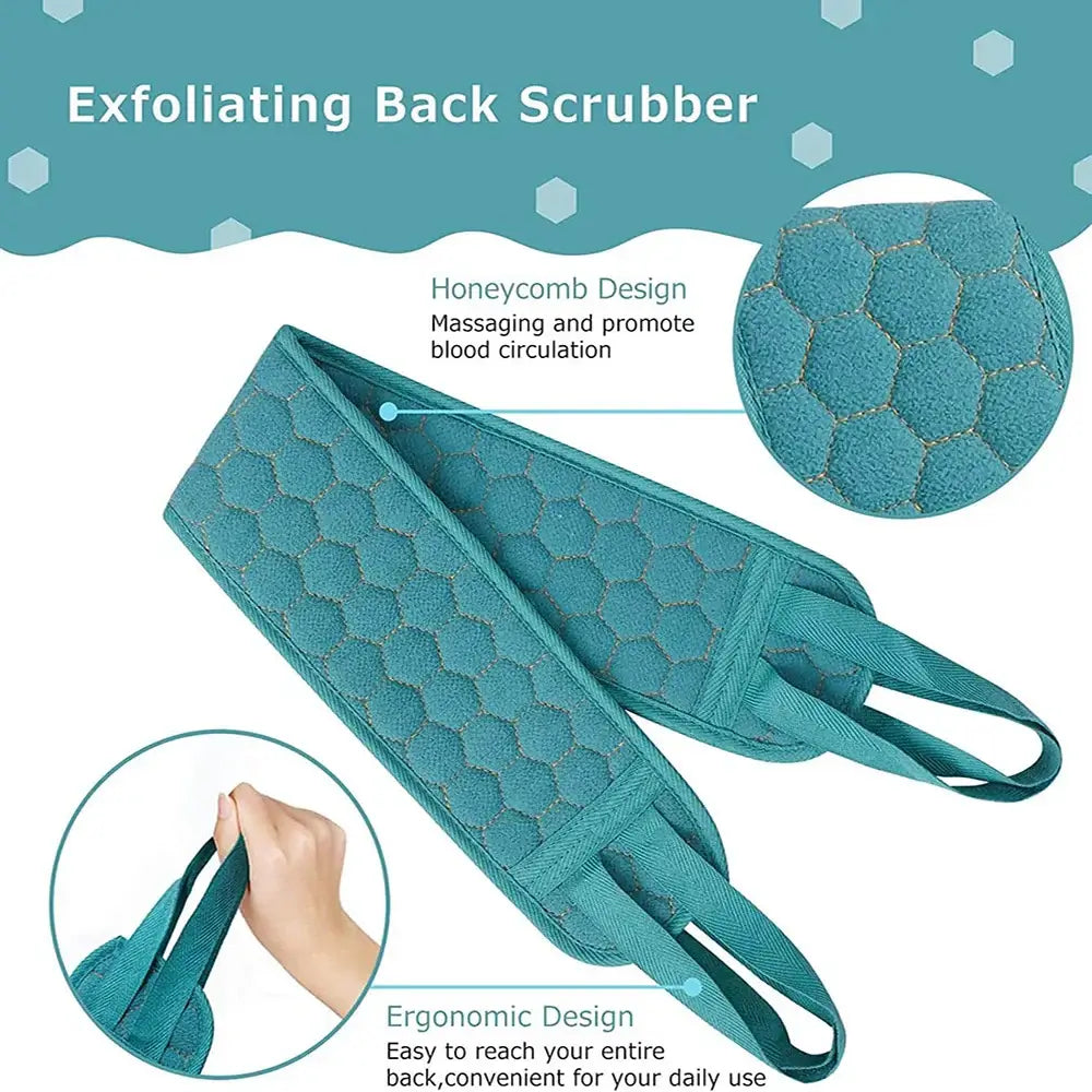 Complete exfoliating set with back scrubber, bath glove & loofah sponge. Smooth, cleanse & refresh skin for a spa-like shower.