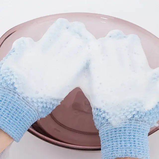 Exfoliating bath gloves for body & face. Improve circulation, remove dead skin & leave skin soft, smooth & refreshed.